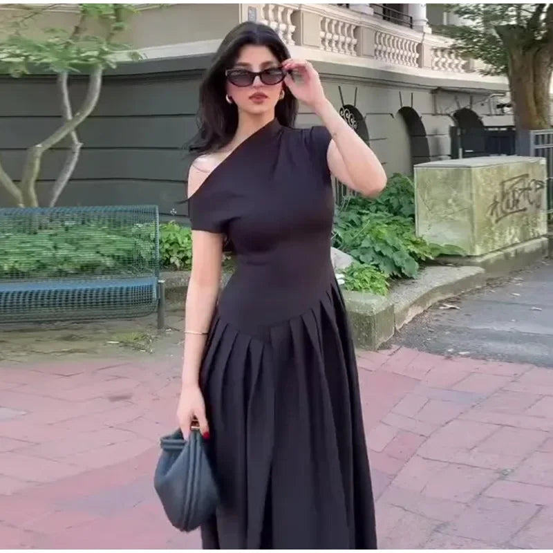 Elegant Off-shoulder Pleated Long Dress Women Skew-collar Short Sleeve Split Dresses 2024 Summer New Female Chic Streetwear Robe - Youks store