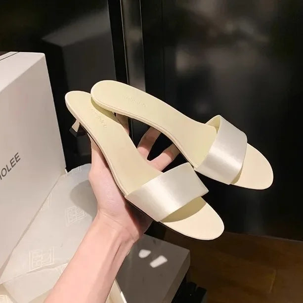 Elegant Minimalist Style Grape Mom Same Shoes High Heel Sandals One-piece Silk Strap Real Leather Slippers For Women Summer - Youks store