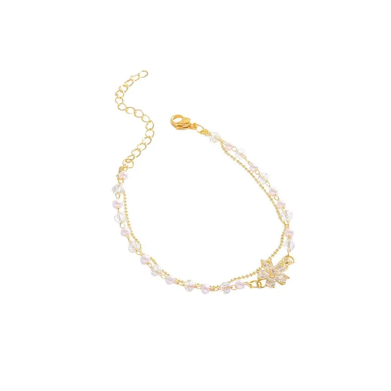 Geometric Smooth Rhinestone Chain Five Leaf Grass Flower Adjustable Bracelets for Women Fashion Jewelry Minimalist Accessories