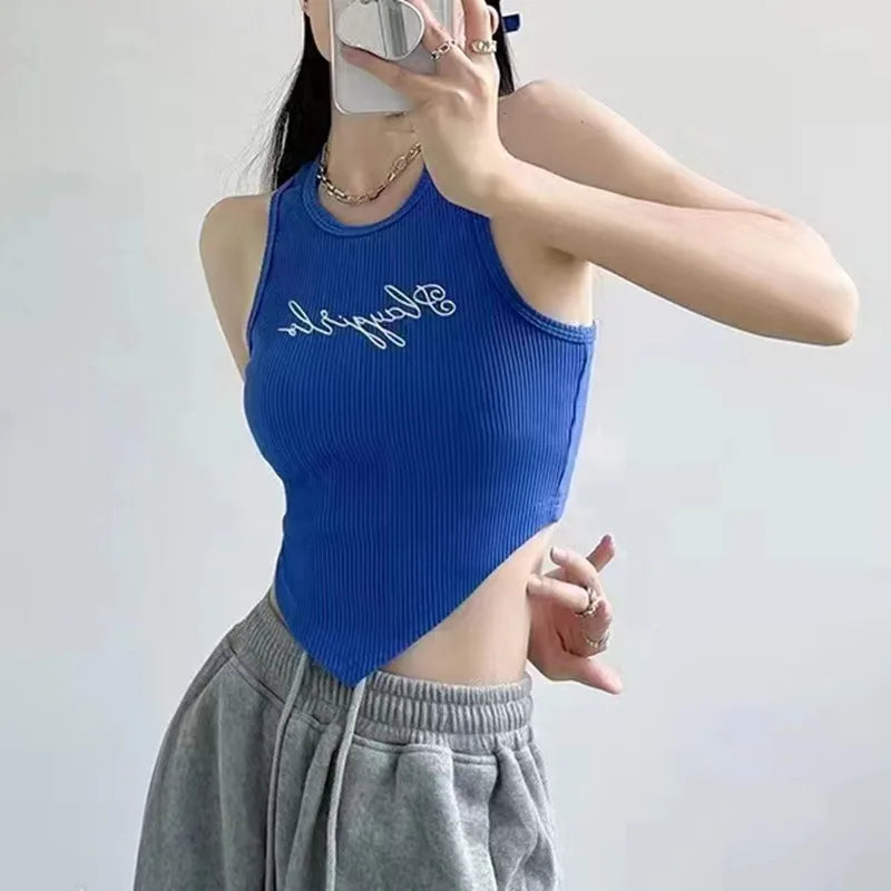 HELIAR Women Green Tops Y2K Letters Printed Crop Top O-neck Solid Ribbed Knit Irregular Hem Casual Tank Tops Women Summer 2024 - Youks store