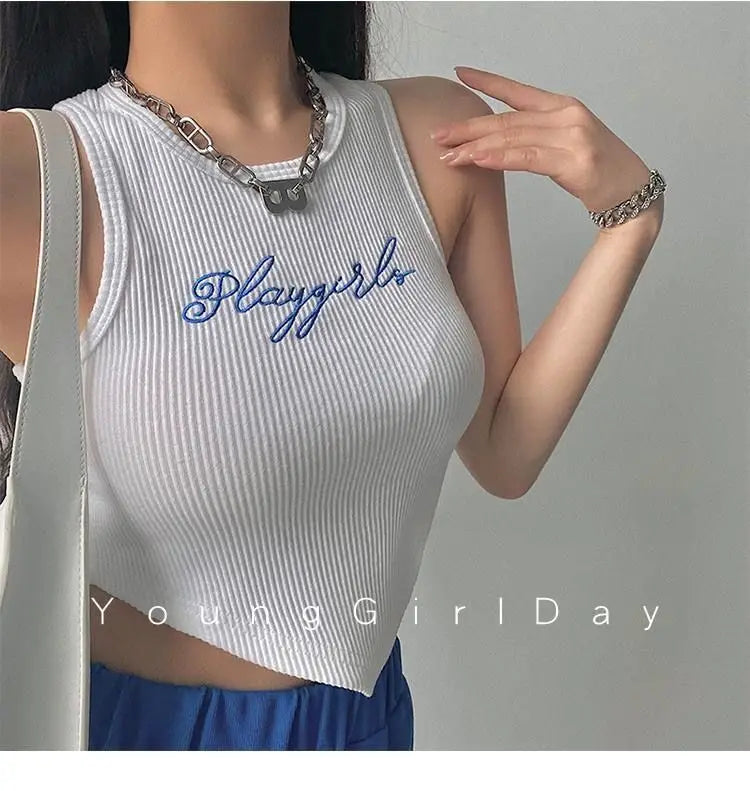 HELIAR Women Green Tops Y2K Letters Printed Crop Top O-neck Solid Ribbed Knit Irregular Hem Casual Tank Tops Women Summer 2024 - Youks store