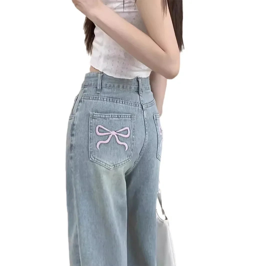 High-Waisted Slimming Straight-Leg Denim Jeans For Women New Spring Summer 2024 Design Sensibilitybow Embroidery - Youks store
