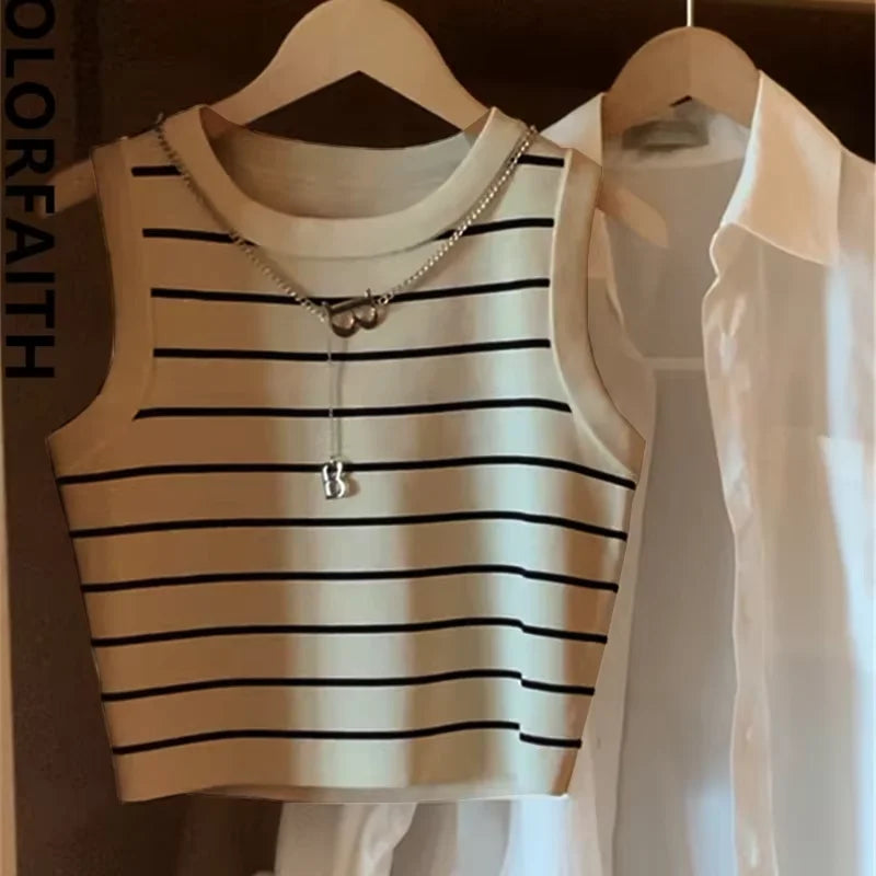New 2025 Basic Bottoming Striped Chain Elasticity Vests Women Tank & Camis Spring Autumn  Wild Crop Short Top - Youks store