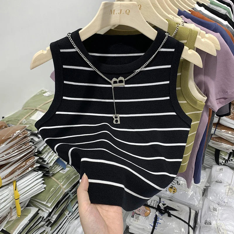 New 2025 Basic Bottoming Striped Chain Elasticity Vests Women Tank & Camis Spring Autumn  Wild Crop Short Top - Youks store