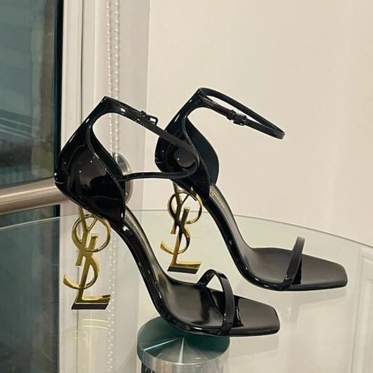 2024 New High Quality Luxury Niche Design Metal Heel Patent Leather Banquet High Heel Sandals Elegant Sexy Women's High Heels - Youks store