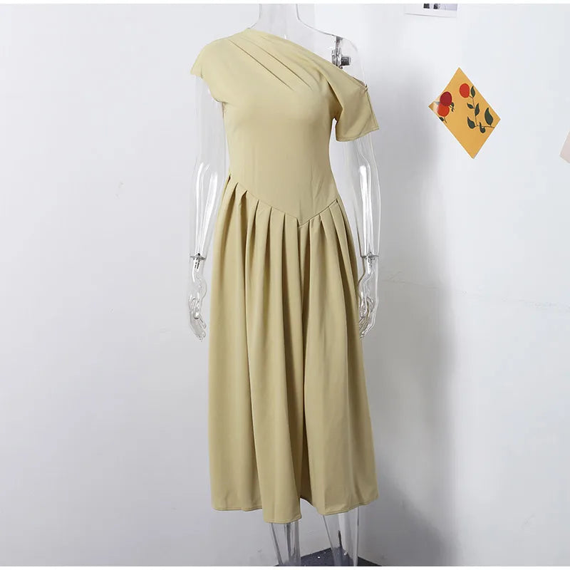 Elegant Off-shoulder Pleated Long Dress Women Skew-collar Short Sleeve Split Dresses 2024 Summer New Female Chic Streetwear Robe - Youks store