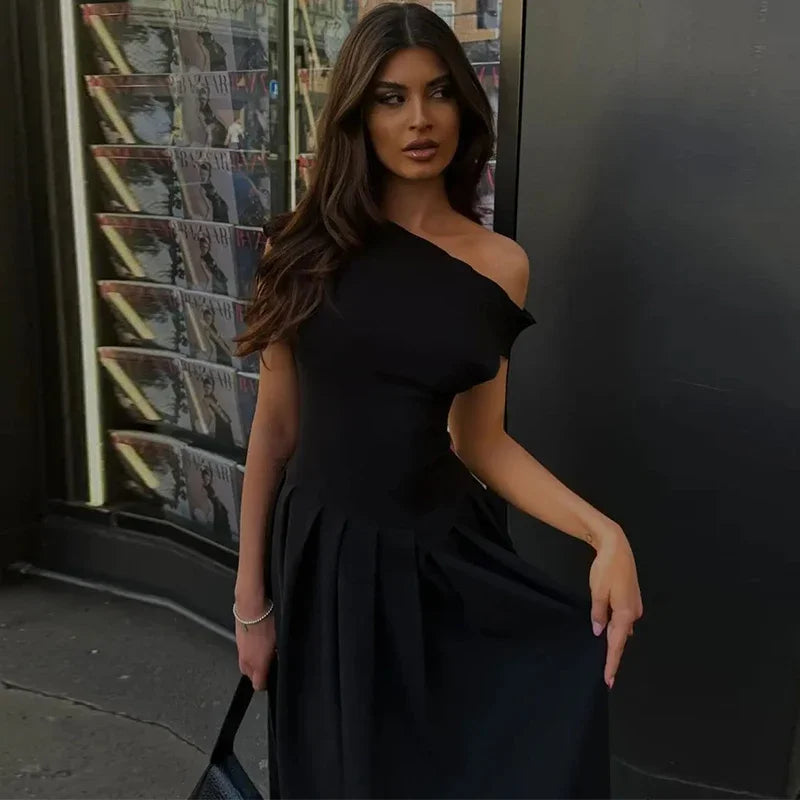 Elegant Off-shoulder Pleated Long Dress Women Skew-collar Short Sleeve Split Dresses 2024 Summer New Female Chic Streetwear Robe - Youks store
