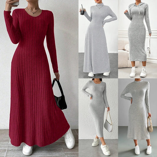 Women Elegant Bodycon Knit Dress Autumn Winter Hooded Turtleneck Temperament Slim Long Sleeve Solid Ribbed Long Dress Streetwear - Youks store