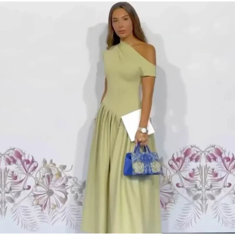 Elegant Off-shoulder Pleated Long Dress Women Skew-collar Short Sleeve Split Dresses 2024 Summer New Female Chic Streetwear Robe - Youks store