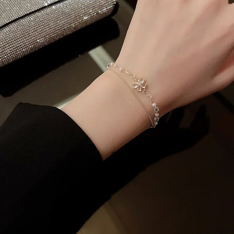 Geometric Smooth Rhinestone Chain Five Leaf Grass Flower Adjustable Bracelets for Women Fashion Jewelry Minimalist Accessories