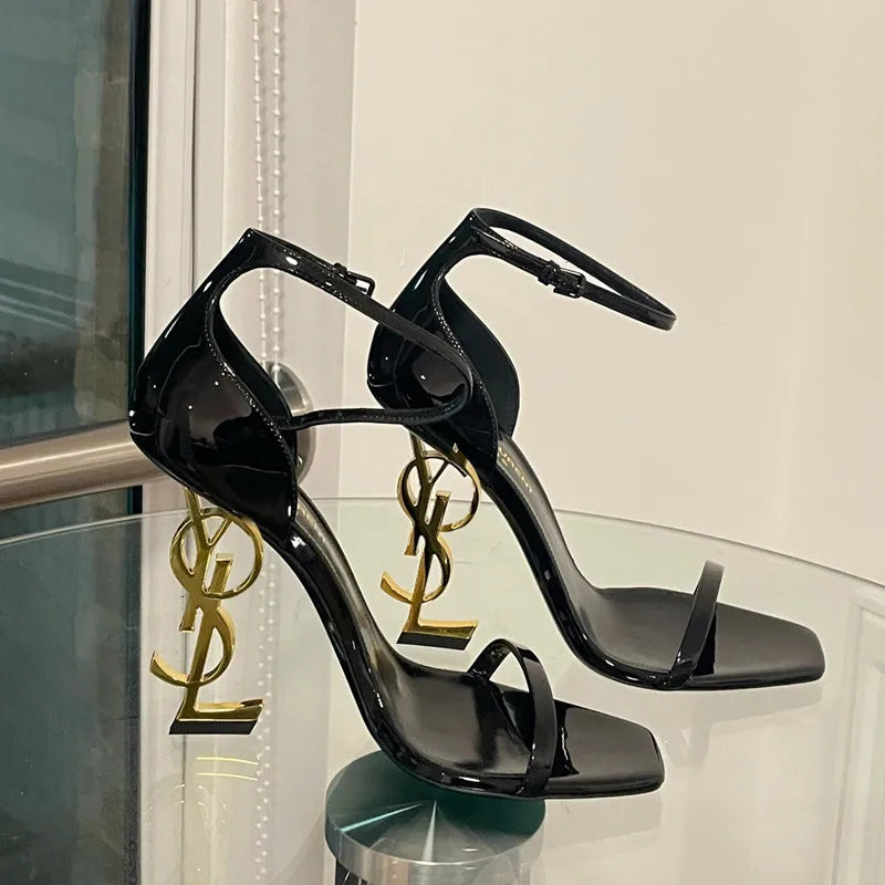 2024 New High Quality Luxury Niche Design Metal Heel Patent Leather Banquet High Heel Sandals Elegant Sexy Women's High Heels - Youks store