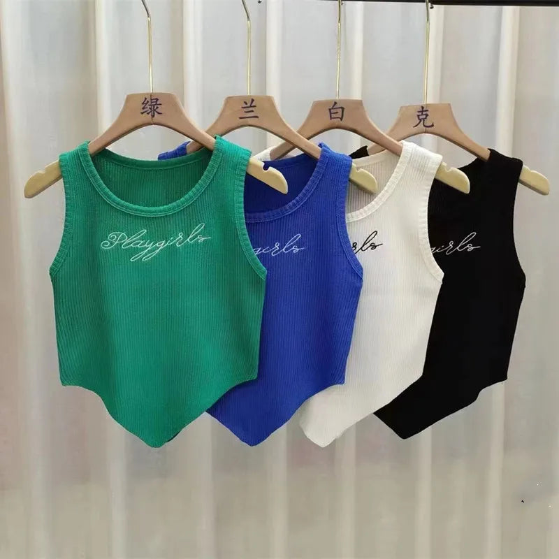 HELIAR Women Green Tops Y2K Letters Printed Crop Top O-neck Solid Ribbed Knit Irregular Hem Casual Tank Tops Women Summer 2024 - Youks store