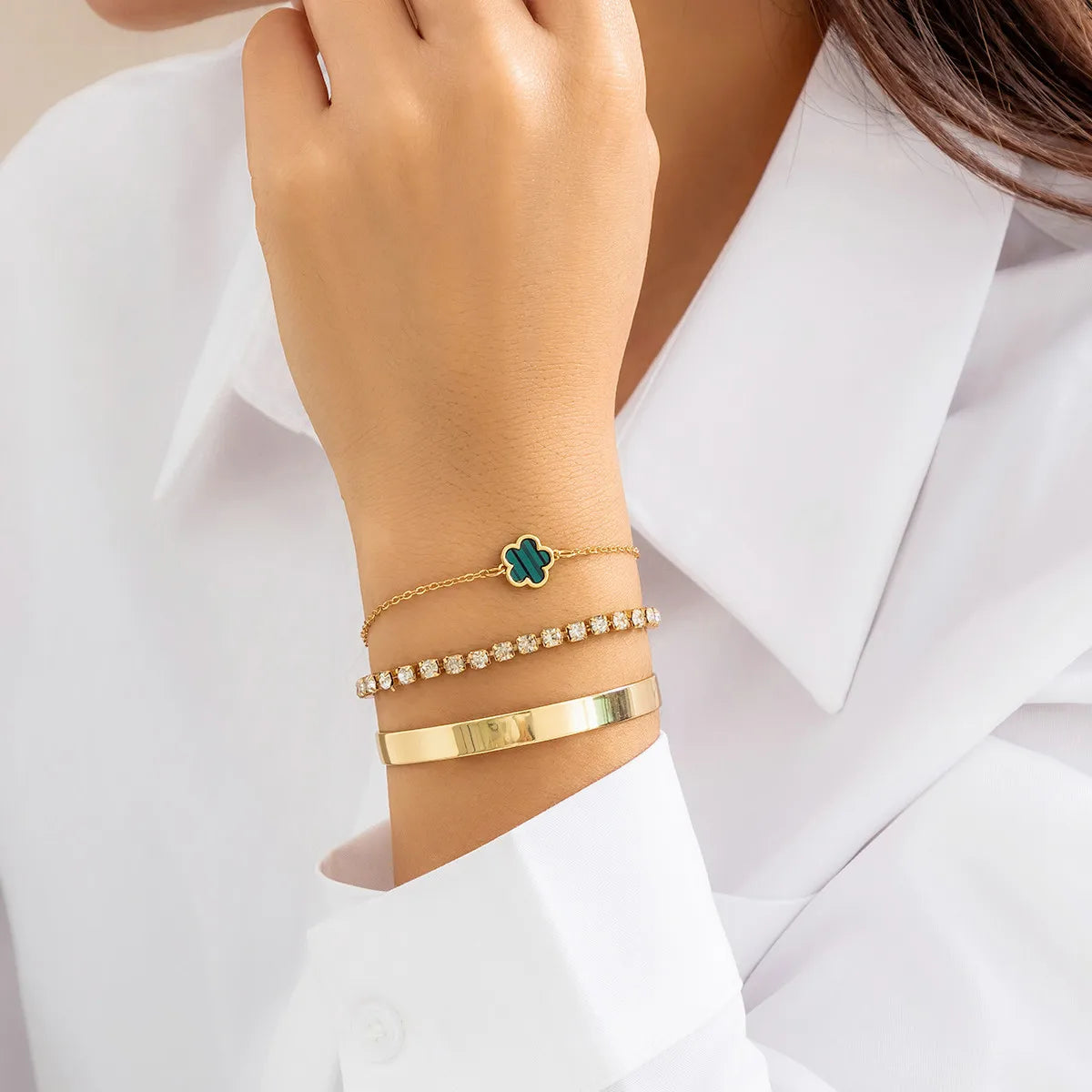 Geometric Smooth Rhinestone Chain Five Leaf Grass Flower Adjustable Bracelets for Women Fashion Jewelry Minimalist Accessories