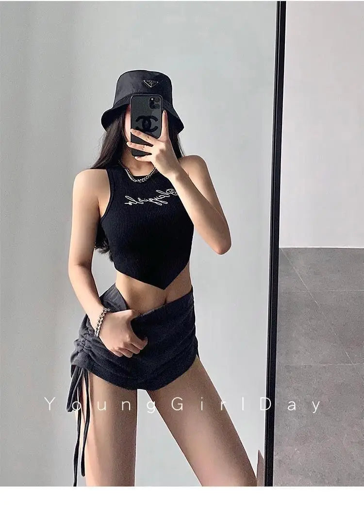 HELIAR Women Green Tops Y2K Letters Printed Crop Top O-neck Solid Ribbed Knit Irregular Hem Casual Tank Tops Women Summer 2024 - Youks store