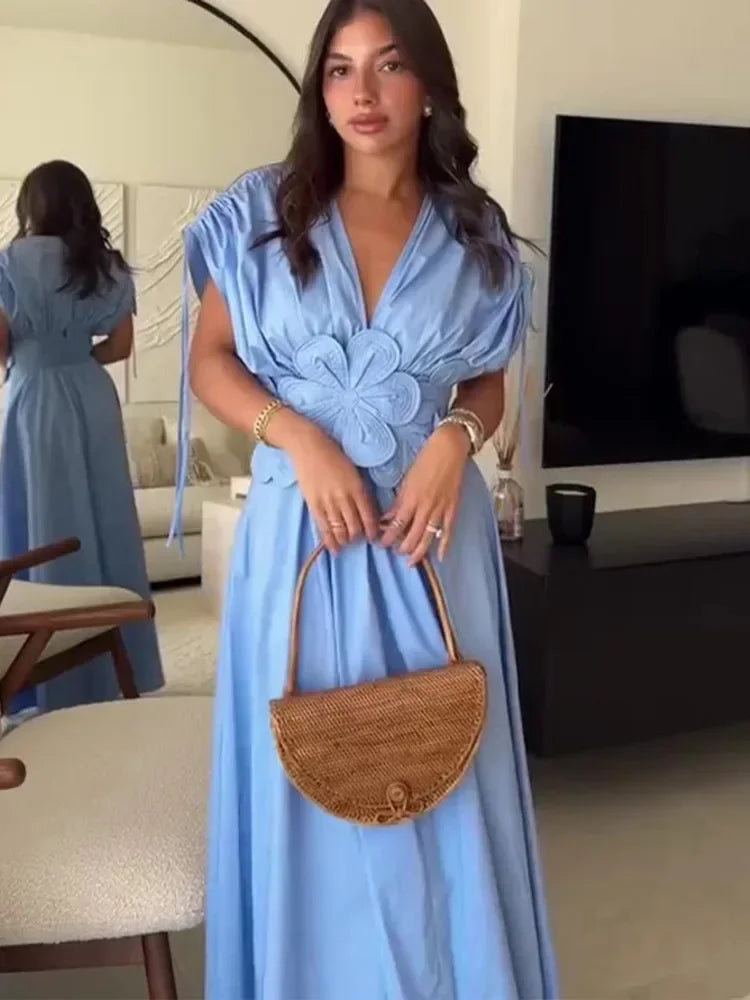 Blue V-Neck Waist-Fitted Bow-Decored Long Dress For Women Fashionable And Elegant European And American Style - Youks store