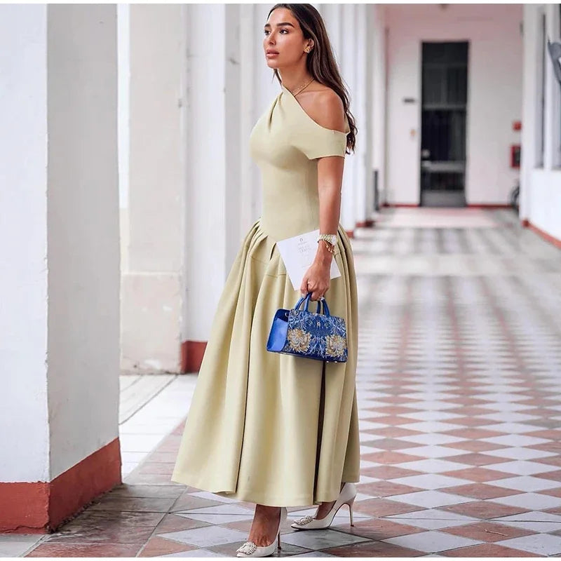 Elegant Off-shoulder Pleated Long Dress Women Skew-collar Short Sleeve Split Dresses 2024 Summer New Female Chic Streetwear Robe - Youks store