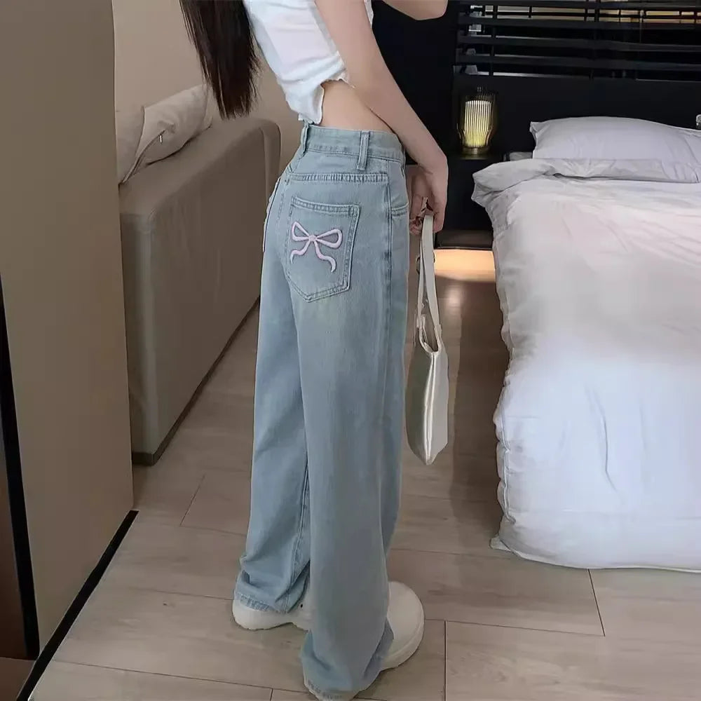 High-Waisted Slimming Straight-Leg Denim Jeans For Women New Spring Summer 2024 Design Sensibilitybow Embroidery - Youks store