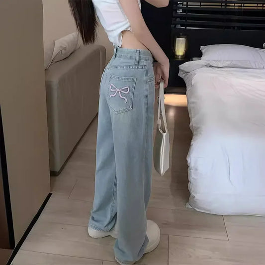High-Waisted Slimming Straight-Leg Denim Jeans For Women New Spring Summer 2024 Design Sensibilitybow Embroidery - Youks store