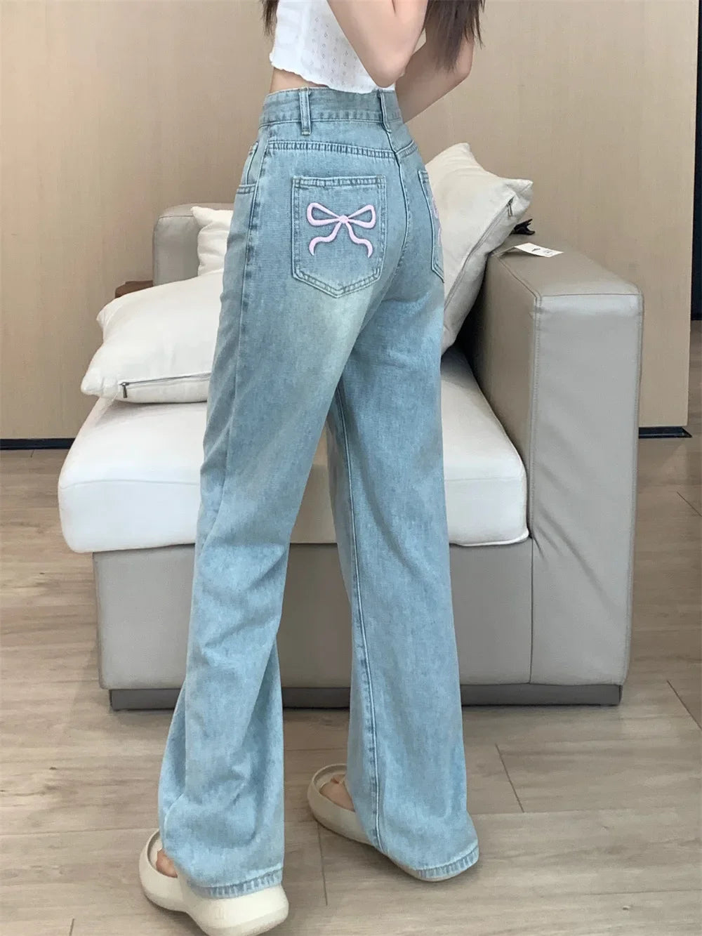 High-Waisted Slimming Straight-Leg Denim Jeans For Women New Spring Summer 2024 Design Sensibilitybow Embroidery - Youks store
