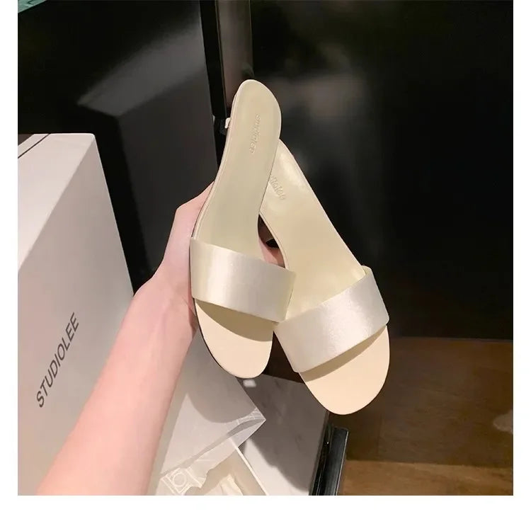 Elegant Minimalist Style Grape Mom Same Shoes High Heel Sandals One-piece Silk Strap Real Leather Slippers For Women Summer - Youks store