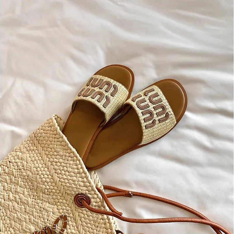 Fashionable Woven Women's Slippers with Flat Soles for Summer slippers women  sandals  flip flops women  ladies shoes  designer - Youks store