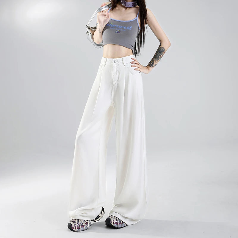 Summer Soft Cozy 100%Lyocell Fabric Woman Jeans Y2K Girl Loose Wide Leg Elastic Waist Pants Fashion Casual Trousers Plus Length - Youks store