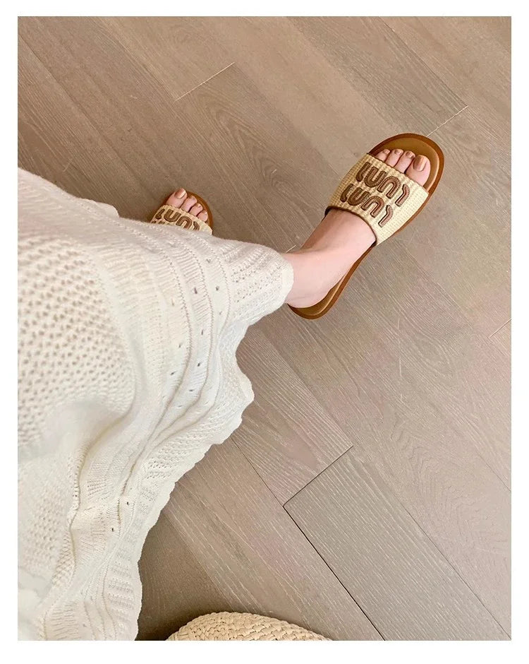 Fashionable Woven Women's Slippers with Flat Soles for Summer slippers women  sandals  flip flops women  ladies shoes  designer - Youks store