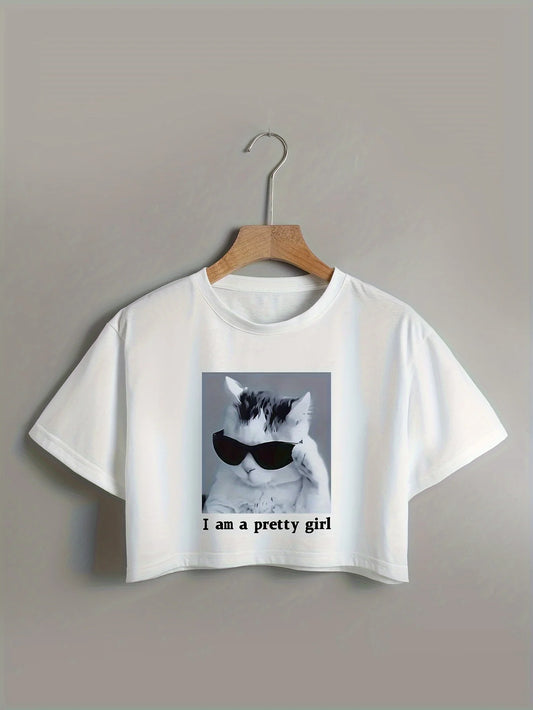 Cool Cat & Letter Print Crop T-Shirt Casual Crew Neck Short Sleeve T-Shirt for Spring & Summer Women's Clothing - Youks store