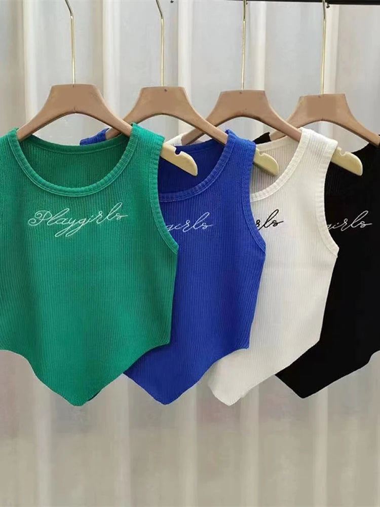HELIAR Women Green Tops Y2K Letters Printed Crop Top O-neck Solid Ribbed Knit Irregular Hem Casual Tank Tops Women Summer 2024 - Youks store