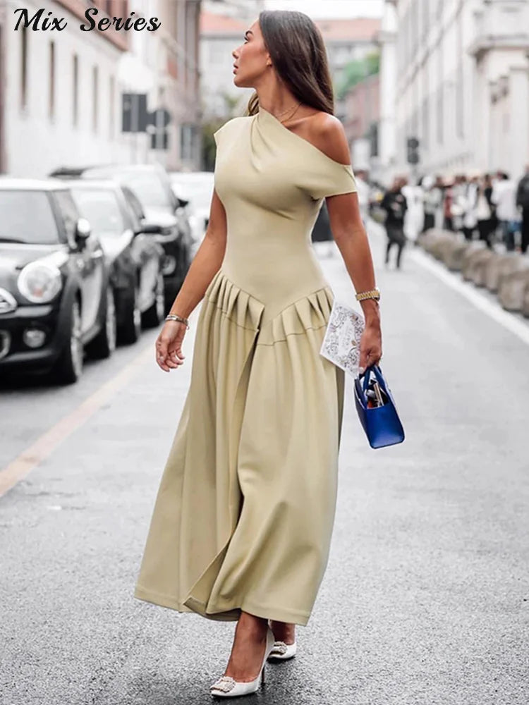 Elegant Off-shoulder Pleated Long Dress Women Skew-collar Short Sleeve Split Dresses 2024 Summer New Female Chic Streetwear Robe - Youks store