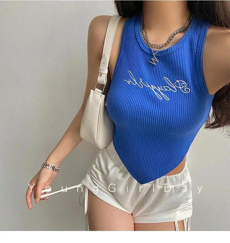 HELIAR Women Green Tops Y2K Letters Printed Crop Top O-neck Solid Ribbed Knit Irregular Hem Casual Tank Tops Women Summer 2024 - Youks store