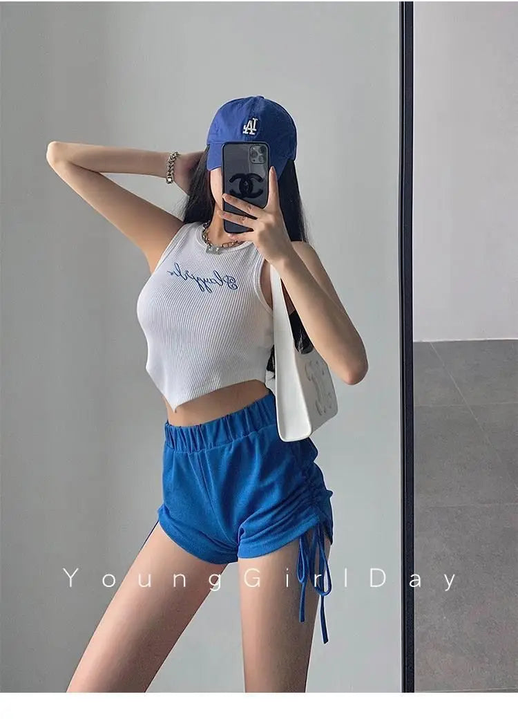 HELIAR Women Green Tops Y2K Letters Printed Crop Top O-neck Solid Ribbed Knit Irregular Hem Casual Tank Tops Women Summer 2024 - Youks store