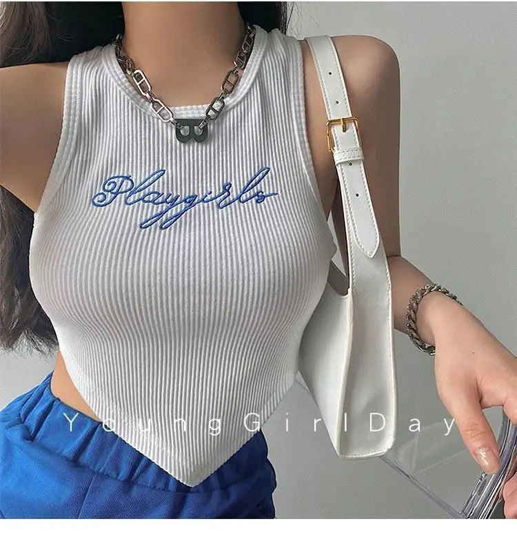HELIAR Women Green Tops Y2K Letters Printed Crop Top O-neck Solid Ribbed Knit Irregular Hem Casual Tank Tops Women Summer 2024 - Youks store