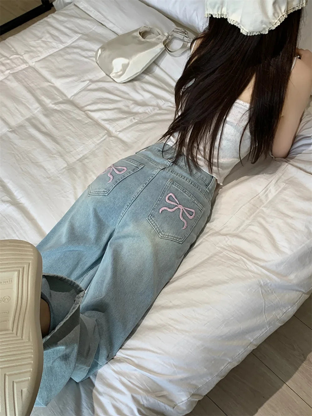 High-Waisted Slimming Straight-Leg Denim Jeans For Women New Spring Summer 2024 Design Sensibilitybow Embroidery - Youks store