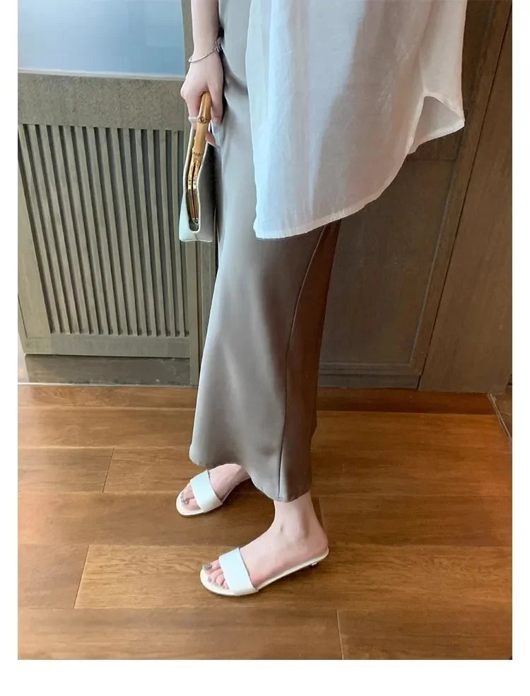 Elegant Minimalist Style Grape Mom Same Shoes High Heel Sandals One-piece Silk Strap Real Leather Slippers For Women Summer - Youks store