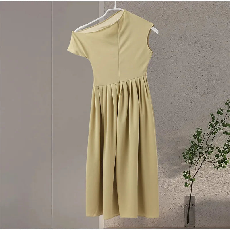 Elegant Off-shoulder Pleated Long Dress Women Skew-collar Short Sleeve Split Dresses 2024 Summer New Female Chic Streetwear Robe - Youks store