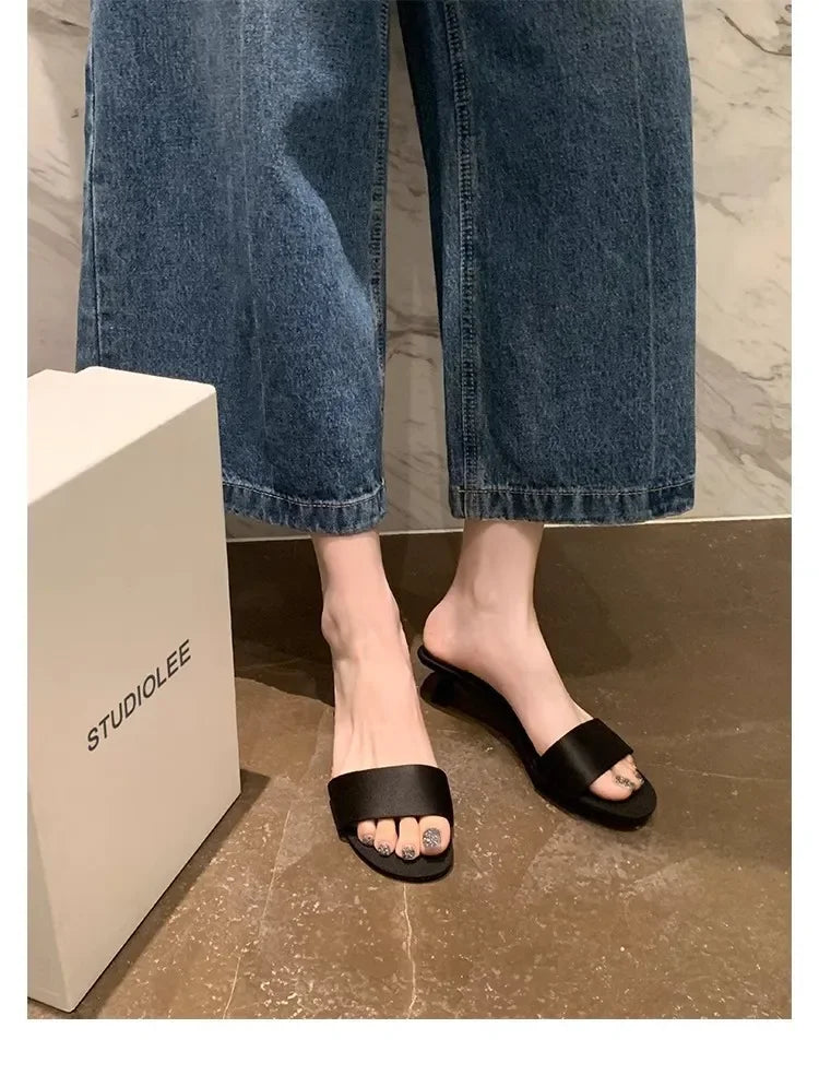 Elegant Minimalist Style Grape Mom Same Shoes High Heel Sandals One-piece Silk Strap Real Leather Slippers For Women Summer - Youks store