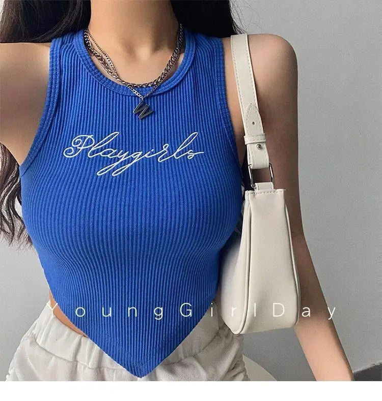 HELIAR Women Green Tops Y2K Letters Printed Crop Top O-neck Solid Ribbed Knit Irregular Hem Casual Tank Tops Women Summer 2024 - Youks store