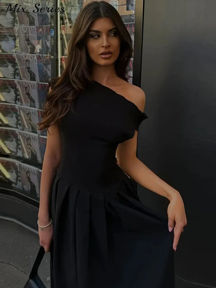 Elegant Off-shoulder Pleated Long Dress Women Skew-collar Short Sleeve Split Dresses 2024 Summer New Female Chic Streetwear Robe - Youks store