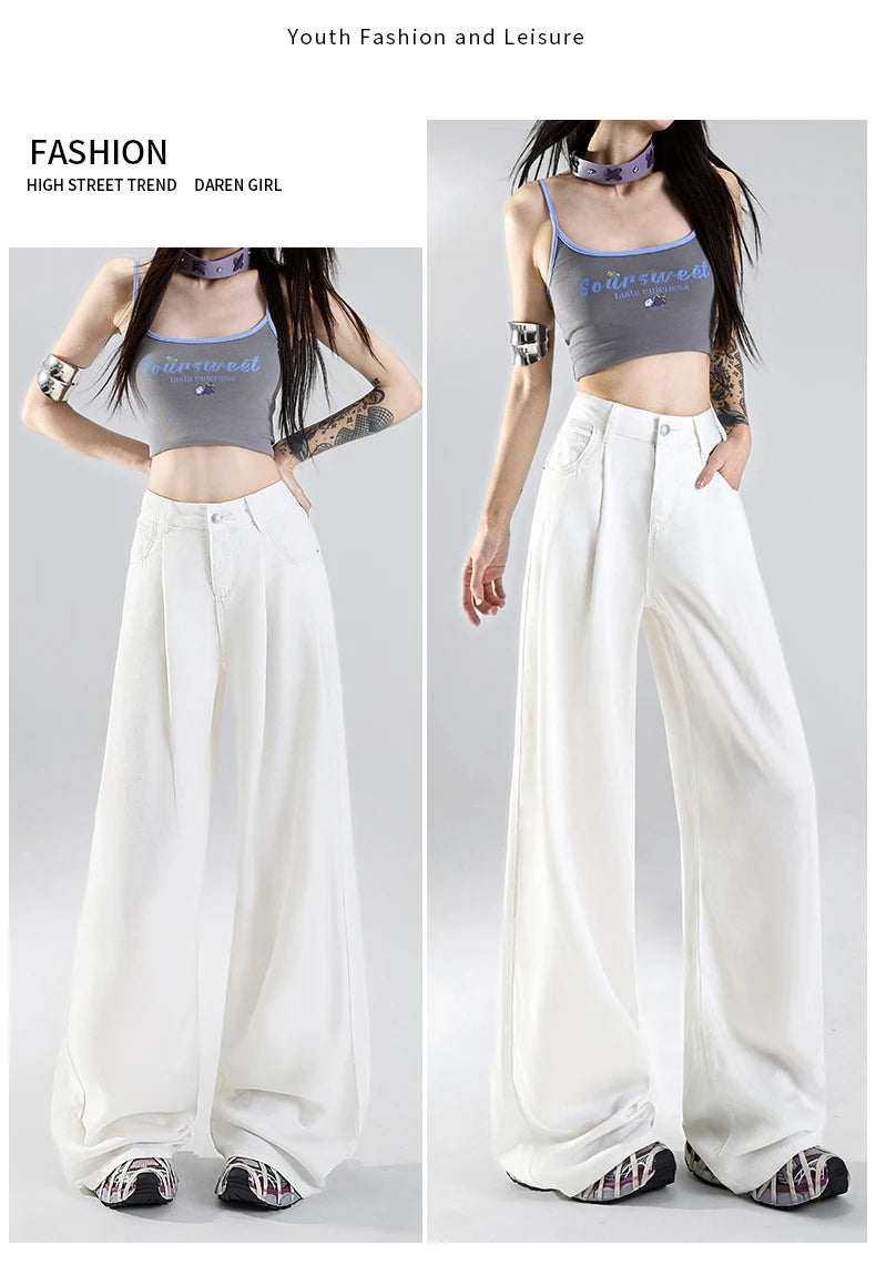 Summer Soft Cozy 100%Lyocell Fabric Woman Jeans Y2K Girl Loose Wide Leg Elastic Waist Pants Fashion Casual Trousers Plus Length - Youks store