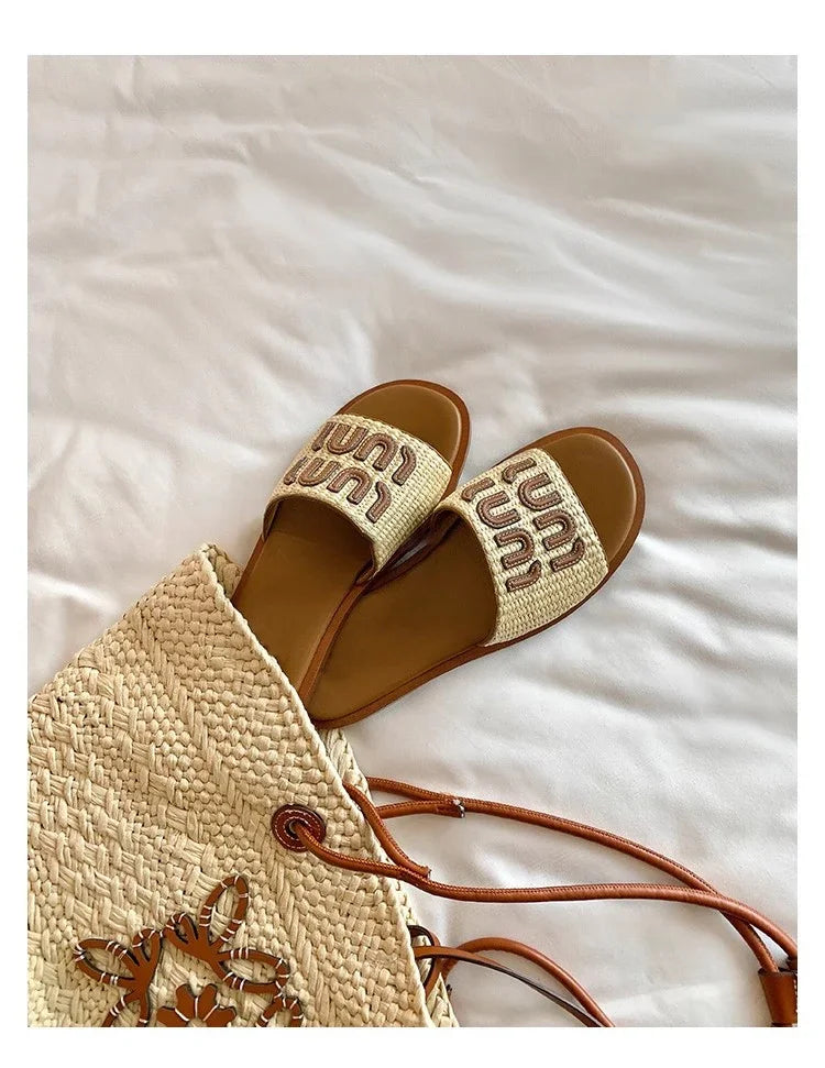 Fashionable Woven Women's Slippers with Flat Soles for Summer slippers women  sandals  flip flops women  ladies shoes  designer - Youks store