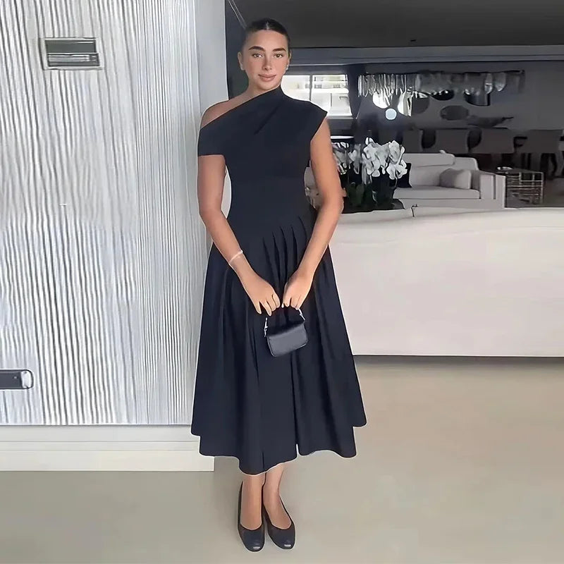 Elegant Off-shoulder Pleated Long Dress Women Skew-collar Short Sleeve Split Dresses 2024 Summer New Female Chic Streetwear Robe - Youks store