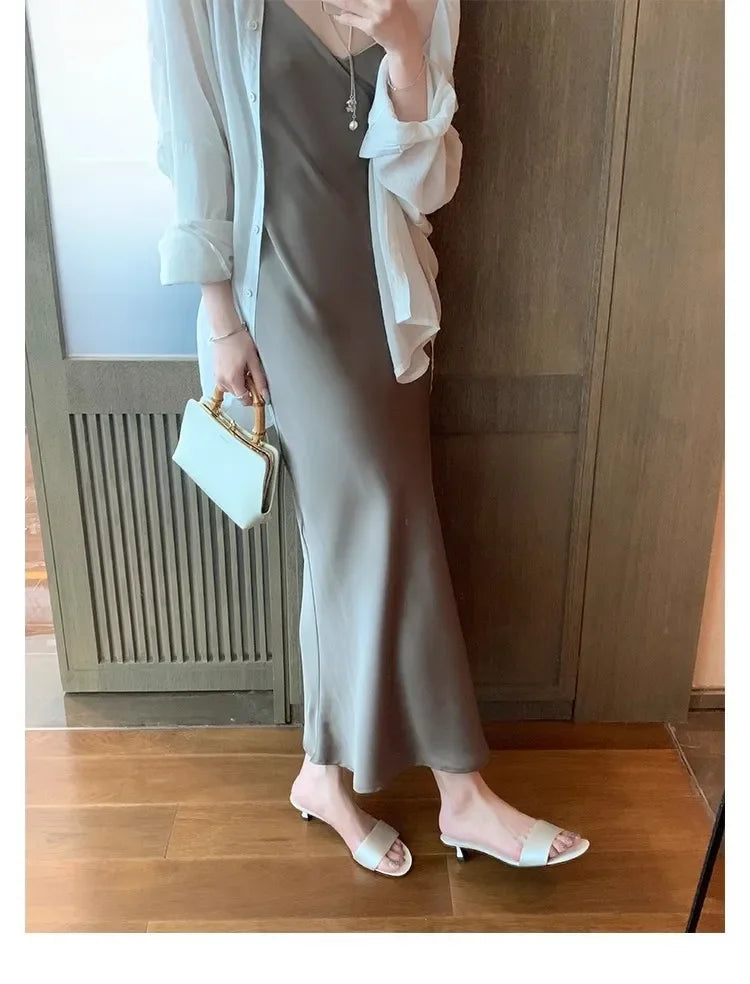 Elegant Minimalist Style Grape Mom Same Shoes High Heel Sandals One-piece Silk Strap Real Leather Slippers For Women Summer - Youks store