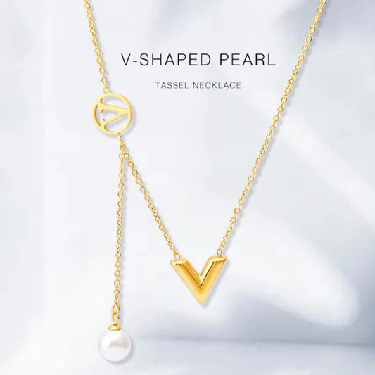 Trend Stainless Steel V Letter Tassel Pearl Necklace for Women Gold Plating New Brand Party Jewelry Gift - Youks store