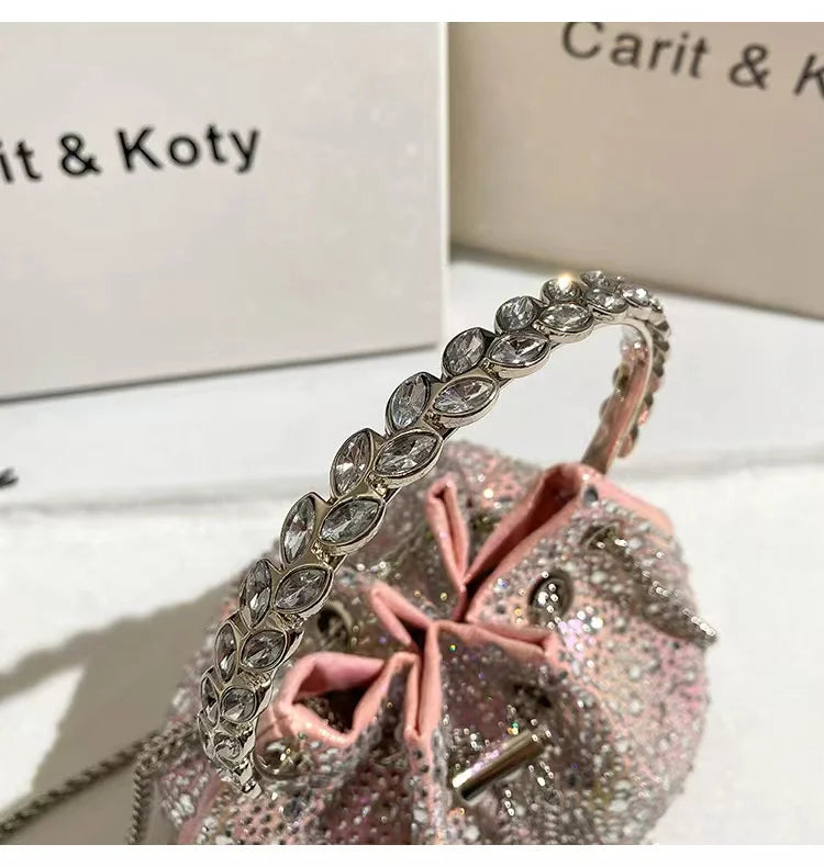 Glitter Shiny Diamonds Evening Bag Metal Ring Handle Bucket Bag Women Handbag Wedding Party Clutch Purse Shoulder Crossbody Bag - Youks store