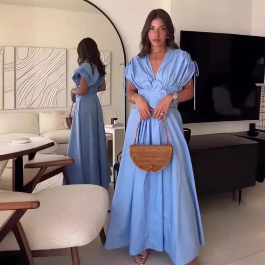 Blue V-Neck Waist-Fitted Bow-Decored Long Dress For Women Fashionable And Elegant European And American Style - Youks store
