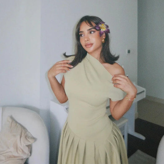 Elegant Off-shoulder Pleated Long Dress Women Skew-collar Short Sleeve Split Dresses 2024 Summer New Female Chic Streetwear Robe - Youks store