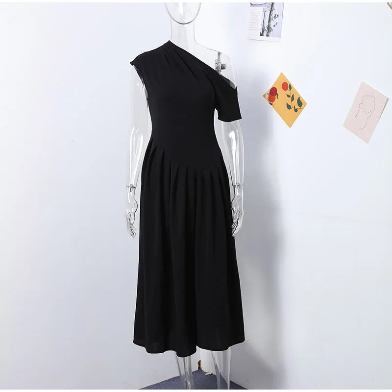 Elegant Off-shoulder Pleated Long Dress Women Skew-collar Short Sleeve Split Dresses 2024 Summer New Female Chic Streetwear Robe - Youks store