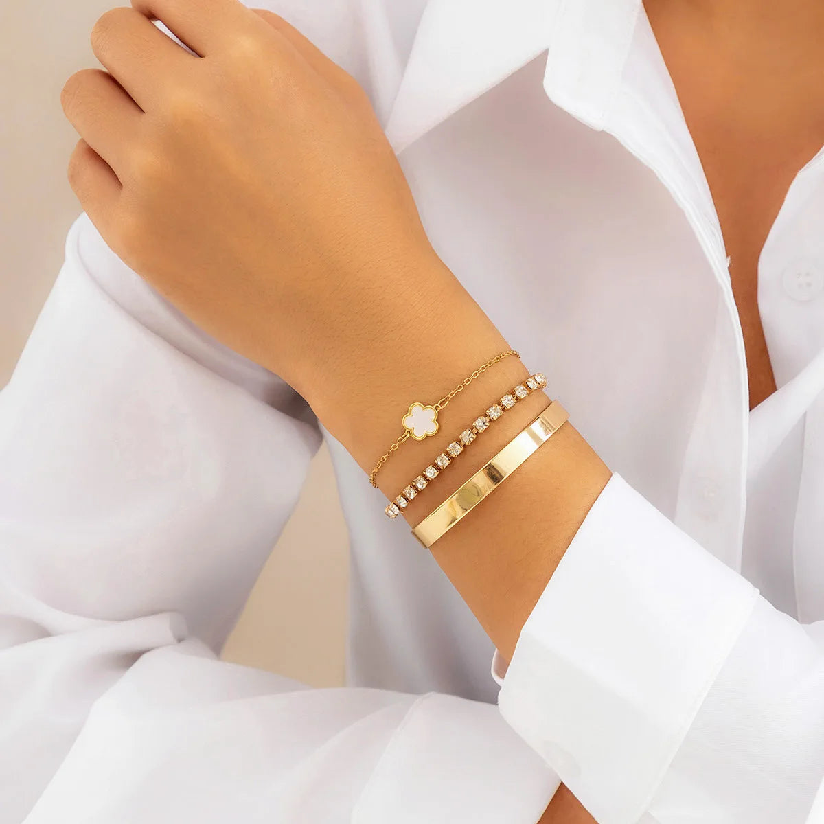 Geometric Smooth Rhinestone Chain Five Leaf Grass Flower Adjustable Bracelets for Women Fashion Jewelry Minimalist Accessories