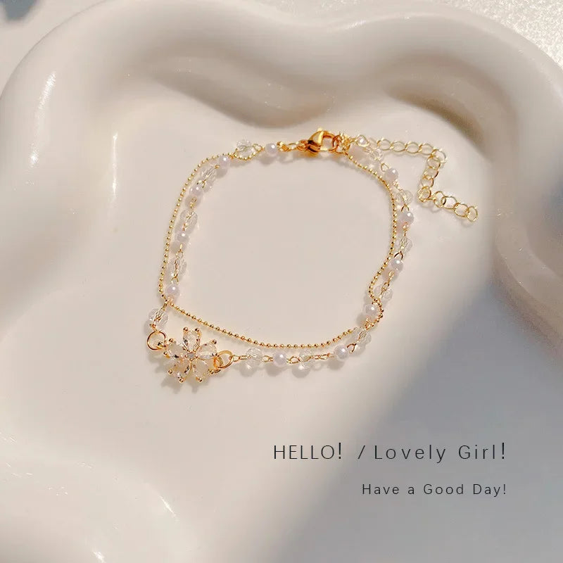 Geometric Smooth Rhinestone Chain Five Leaf Grass Flower Adjustable Bracelets for Women Fashion Jewelry Minimalist Accessories